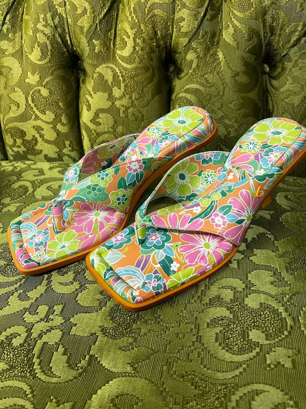 Circus Sam Edelman Womens 7.5 Orange Floral
Square Toe Heeled Sandals